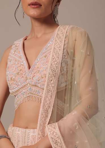 Peach Net Lehenga Set With Cutdana Work