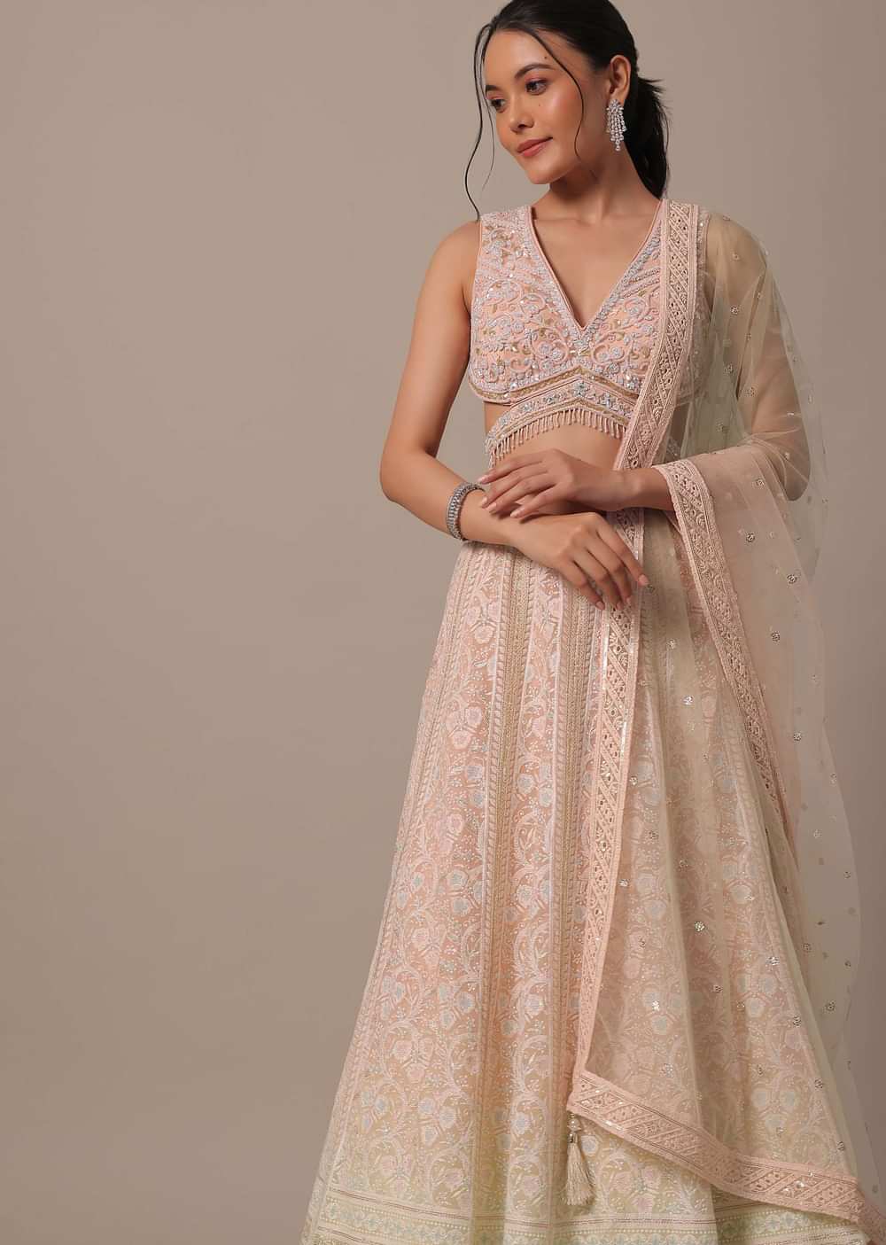 Peach Net Lehenga Set With Cutdana Work