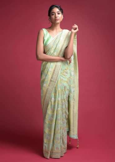 Acadia Green Banarasi Saree In Georgette With Weaved Floral Jaal Online - Kalki Fashion