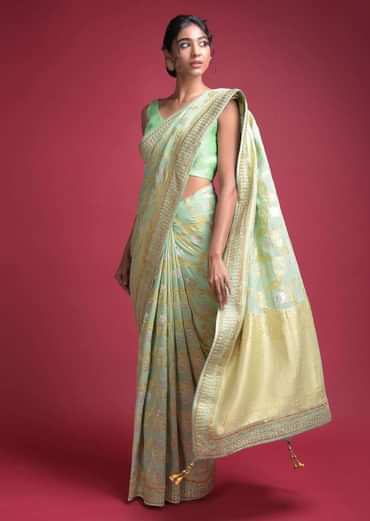 Acadia Green Banarasi Saree In Georgette With Weaved Floral Jaal Online - Kalki Fashion
