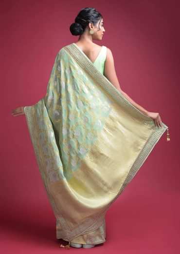 Acadia Green Banarasi Saree In Georgette With Weaved Floral Jaal Online - Kalki Fashion