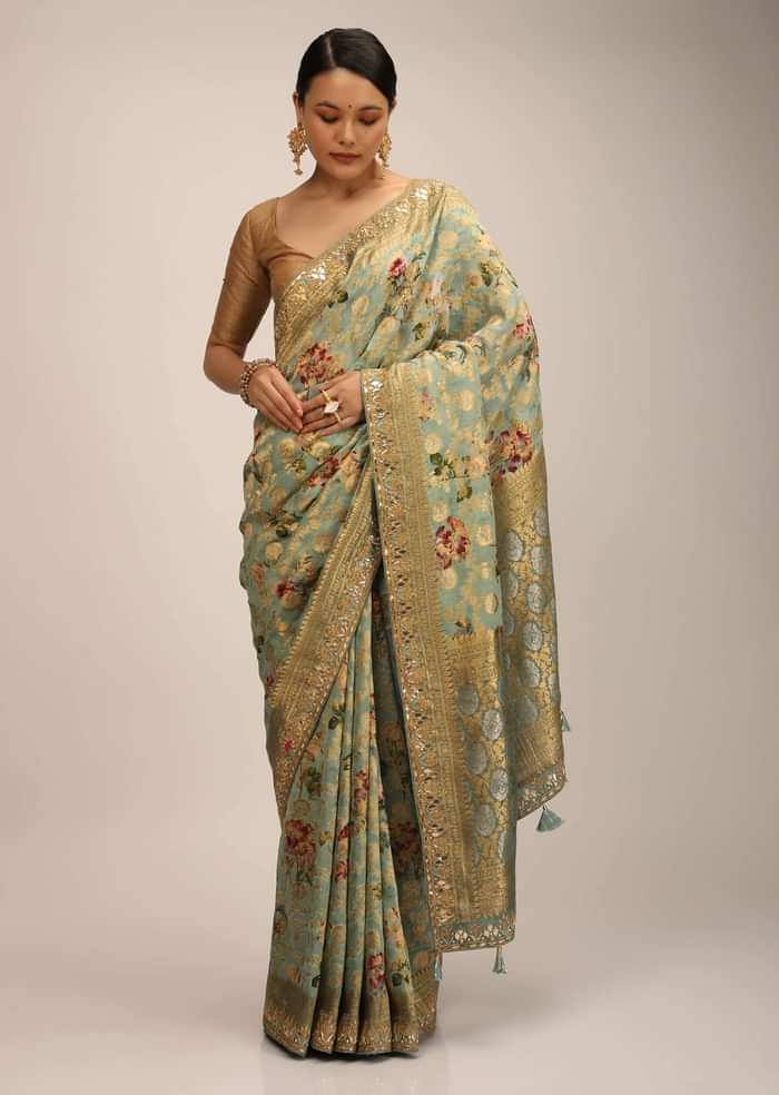 Agate Green Banarasi Saree In Silk Georgette With Weaved Floral Jaal All Over