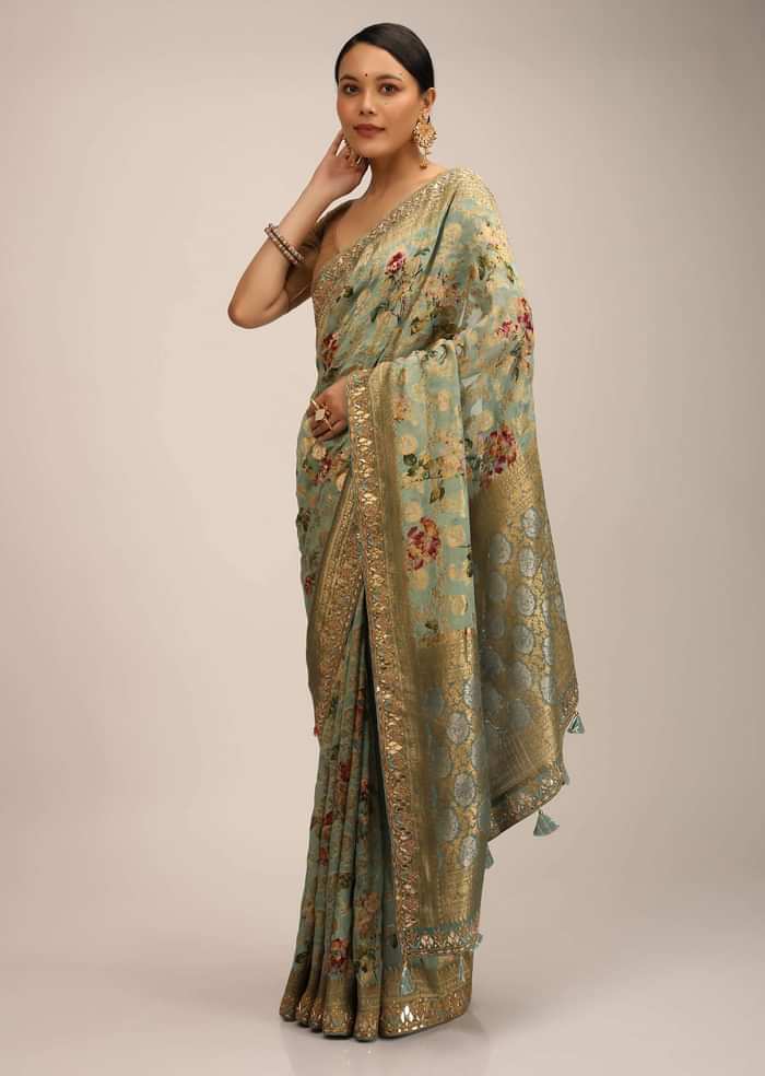 Agate Green Banarasi Saree In Silk Georgette With Weaved Floral Jaal All Over