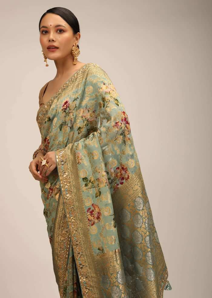 Agate Green Banarasi Saree In Silk Georgette With Weaved Floral Jaal All Over