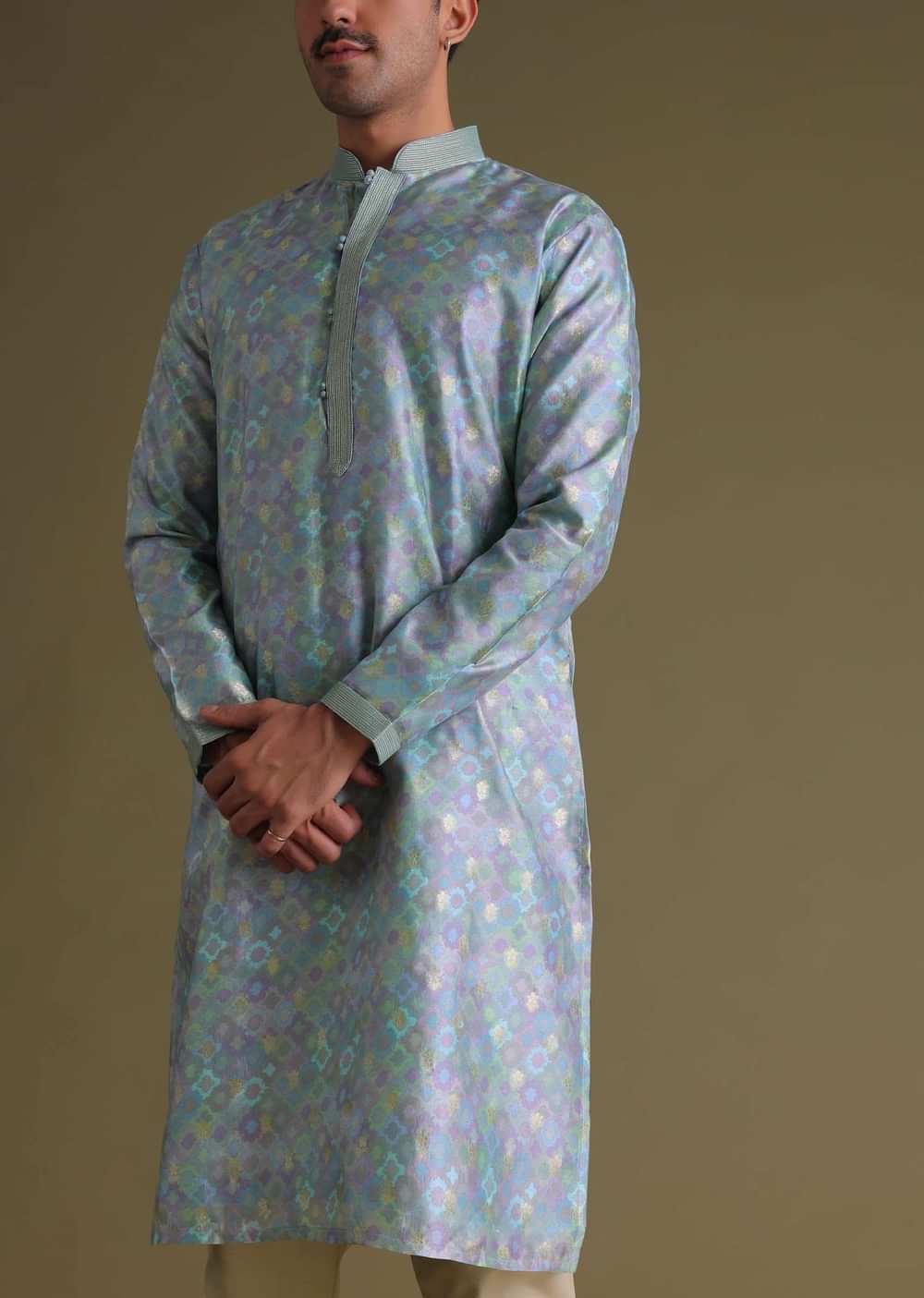 Airforce Blue Foil Printed Festive Kurta Set In Art Silk