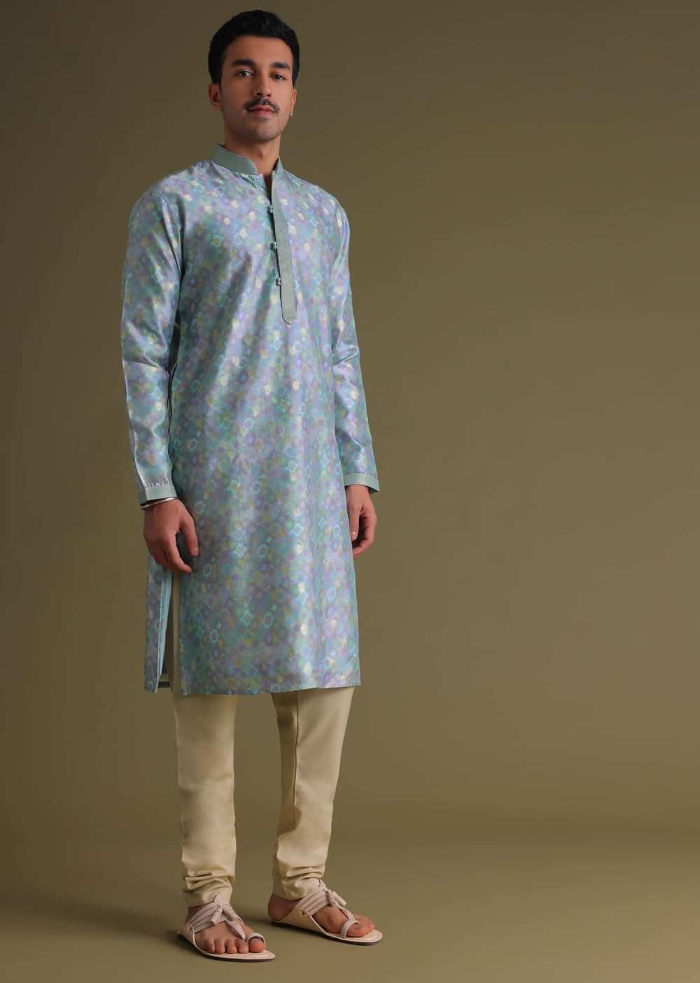 Airforce Blue Foil Printed Festive Kurta Set In Art Silk