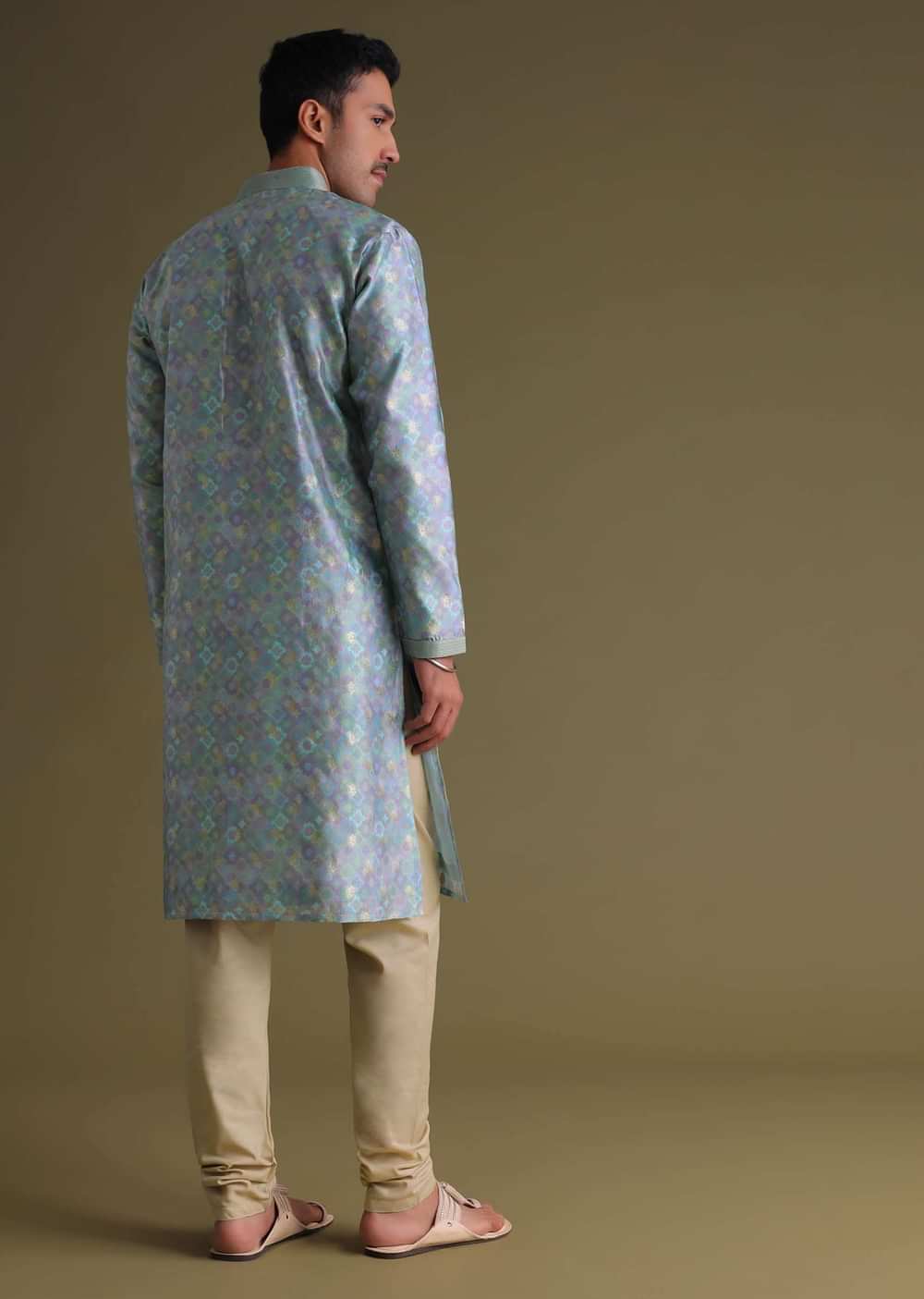 Airforce Blue Foil Printed Festive Kurta Set In Art Silk