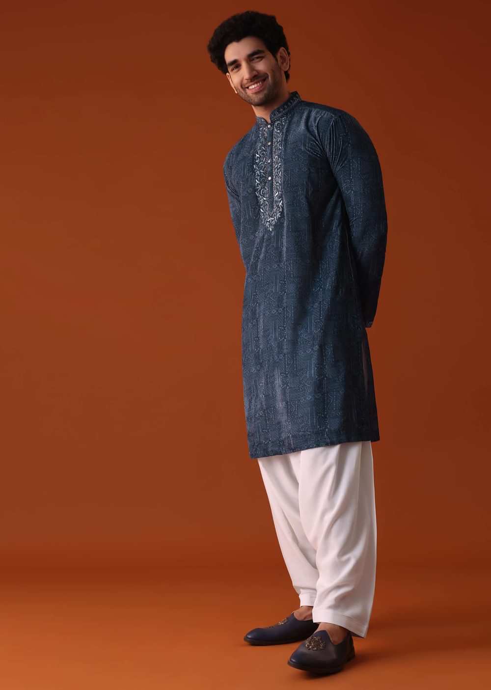 Airforce Blue Thread Embroidered Kurta Patiala Set In Velvet