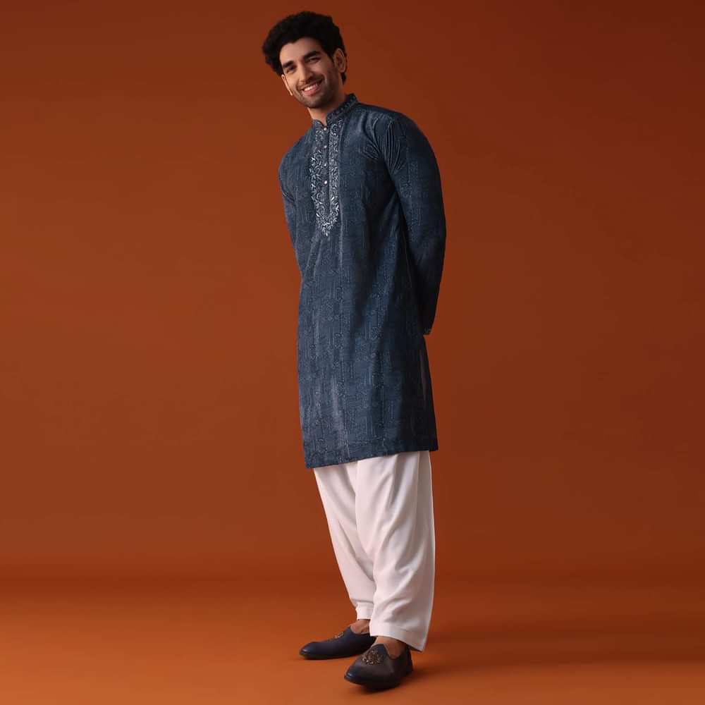 Airforce Blue Thread Embroidered Kurta Patiala Set In Velvet