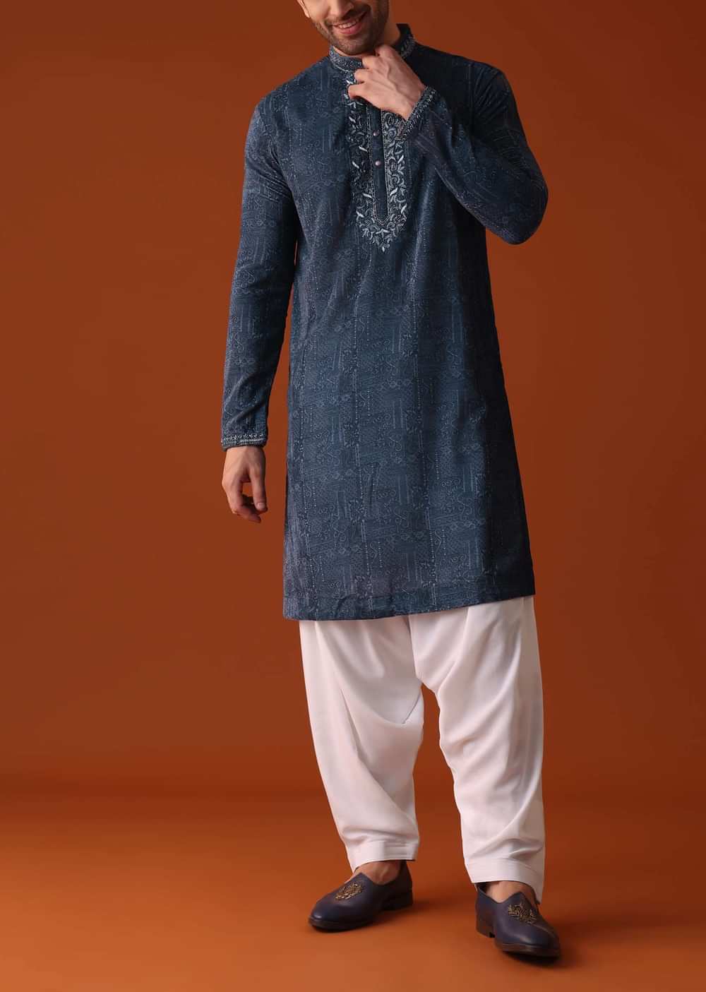 Airforce Blue Thread Embroidered Kurta Patiala Set In Velvet