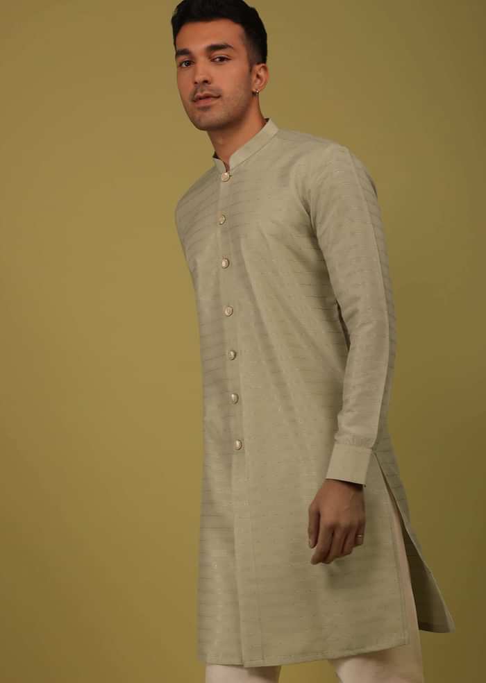 Moss Green Striped Art Silk Kurta