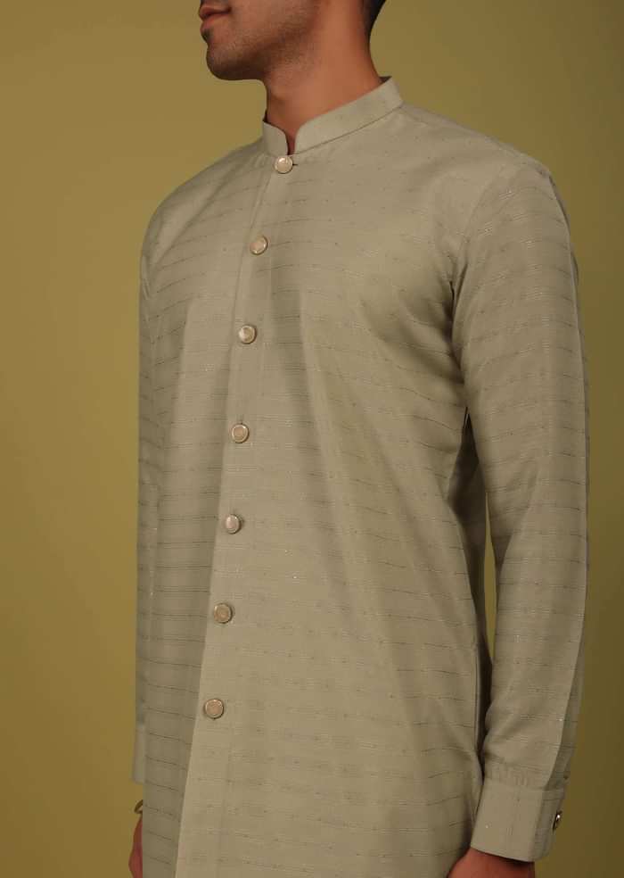 Moss Green Striped Art Silk Kurta