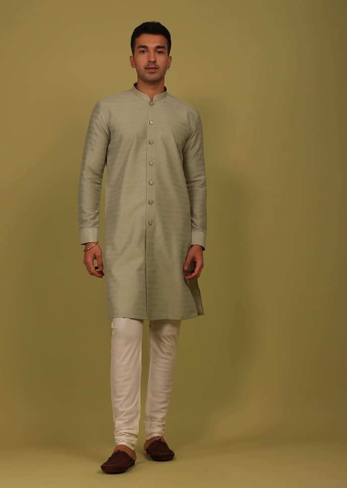 Moss Green Striped Art Silk Kurta