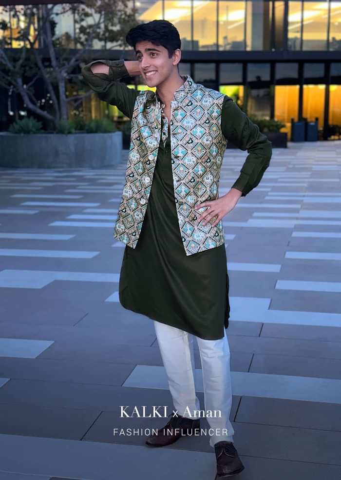 Dusty Olive Nehru Jacket And Olive Kurta Set With Patola Printed Jaal