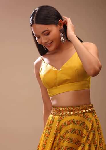 Amber Yellow Blouse In Satin With Strap Sleeves And Overlapping Geometric Neckline