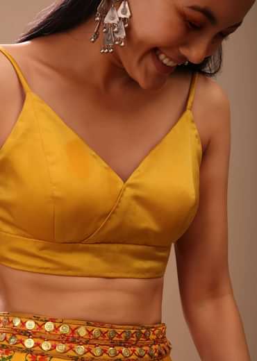 Amber Yellow Blouse In Satin With Strap Sleeves And Overlapping Geometric Neckline