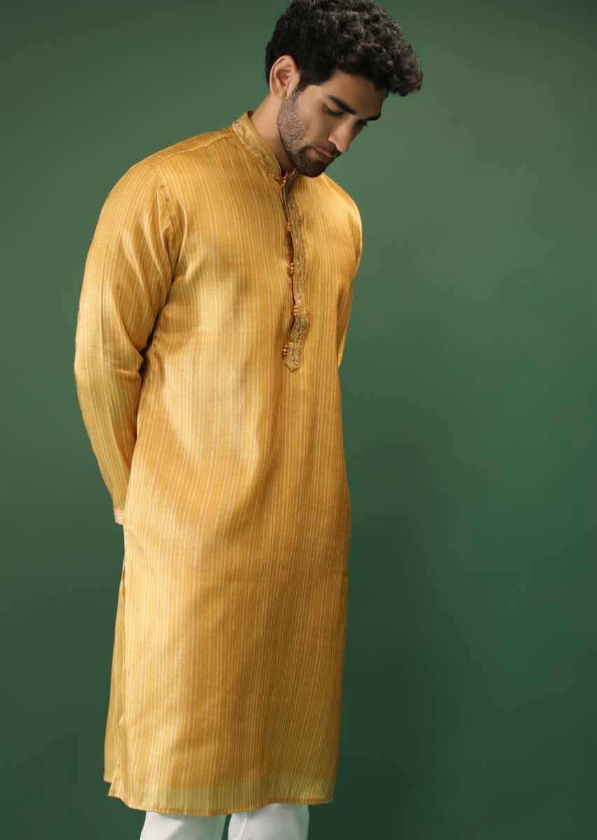 Amber Yellow Kurta Set In Silk With Stripe Print And Multi Colored Thread Work In Floral Motifs On The Placket Online - Kalki Fashion