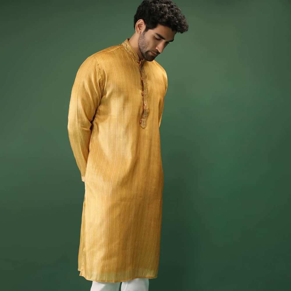 Amber Yellow Kurta Set In Silk With Stripe Print And Multi Colored Thread Work In Floral Motifs On The Placket Online - Kalki Fashion