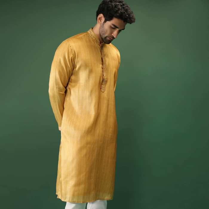 Amber Yellow Kurta Set In Silk With Stripe Print And Multi Colored Thread Work In Floral Motifs On The Placket Online - Kalki Fashion