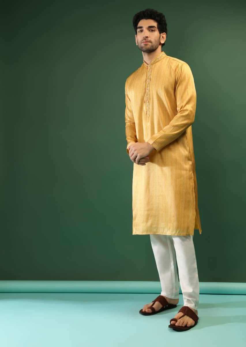 Amber Yellow Kurta Set In Silk With Stripe Print And Multi Colored Thread Work In Floral Motifs On The Placket Online - Kalki Fashion
