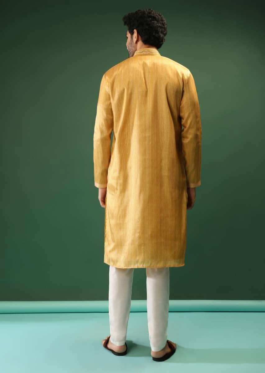 Amber Yellow Kurta Set In Silk With Stripe Print And Multi Colored Thread Work In Floral Motifs On The Placket Online - Kalki Fashion