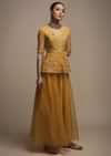 Dark Amber Yellow Palazzo Suit In Organza With Matching Peplum Top Adorned In Zari And Thread Work