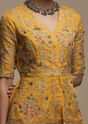 Dark Amber Yellow Palazzo Suit In Organza With Matching Peplum Top Adorned In Zari And Thread Work