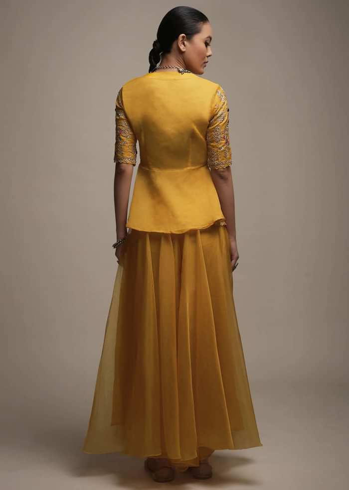 Dark Amber Yellow Palazzo Suit In Organza With Matching Peplum Top Adorned In Zari And Thread Work