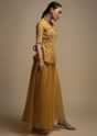 Dark Amber Yellow Palazzo Suit In Organza With Matching Peplum Top Adorned In Zari And Thread Work
