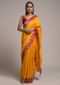Amber Yellow Saree In Dola Silk With Brocade Leaf Shaped Buttis And Contrast Red Bandhani Border