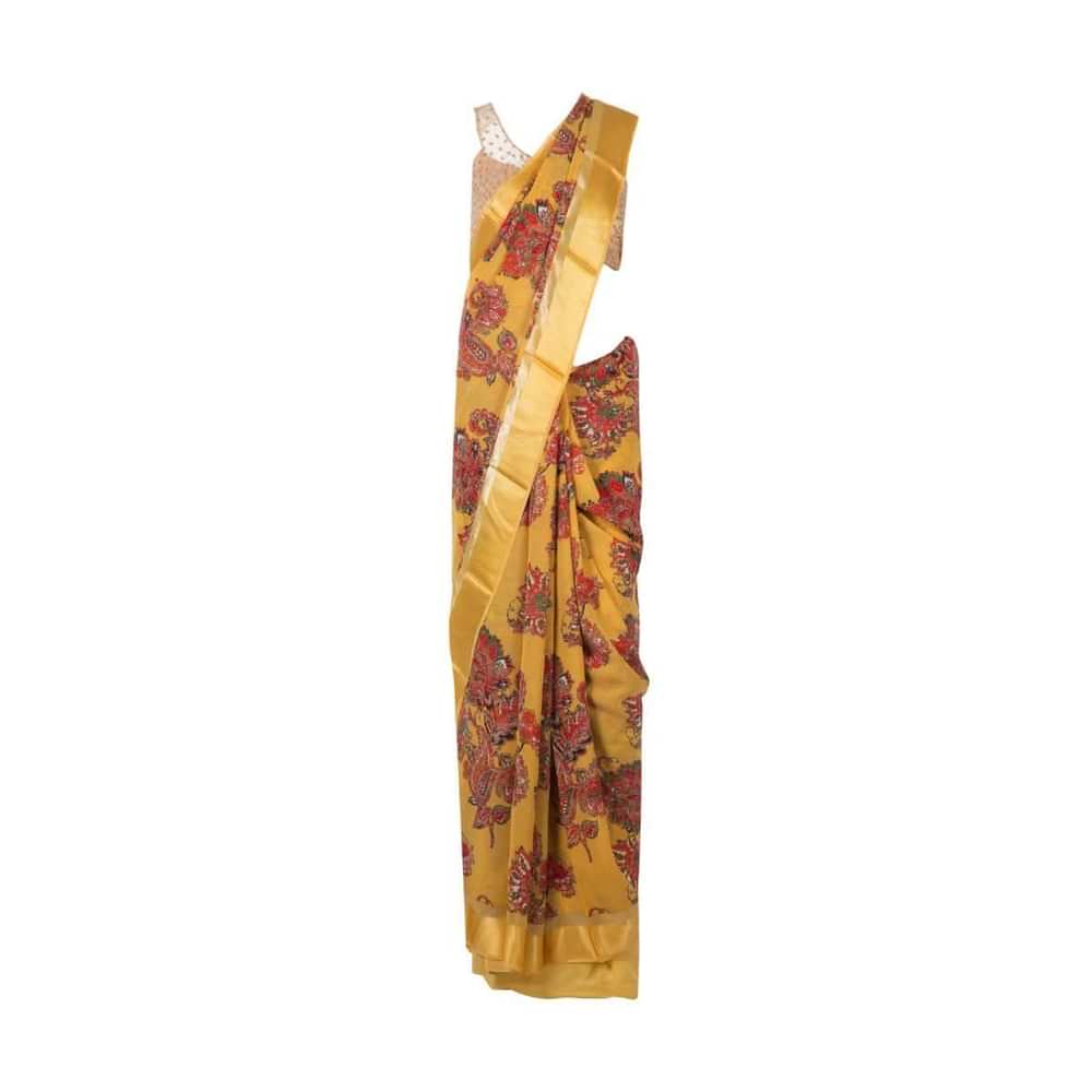 Amber yellow saree in satin with big floral print only on Kalki - KALKI Fashion India