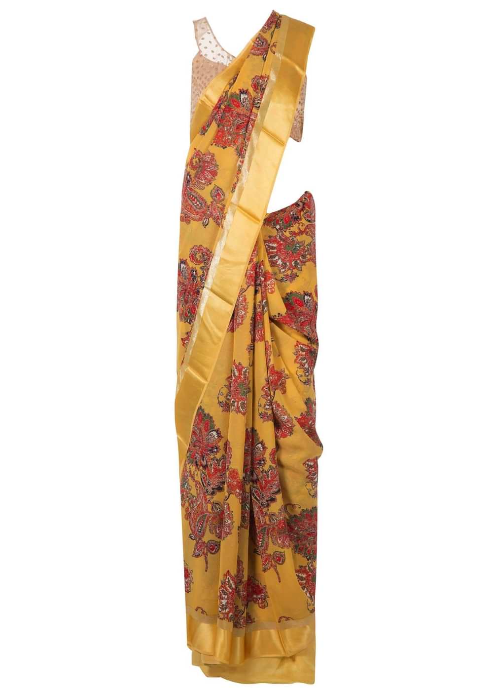 Amber yellow saree in satin with big floral print only on Kalki - KALKI Fashion India