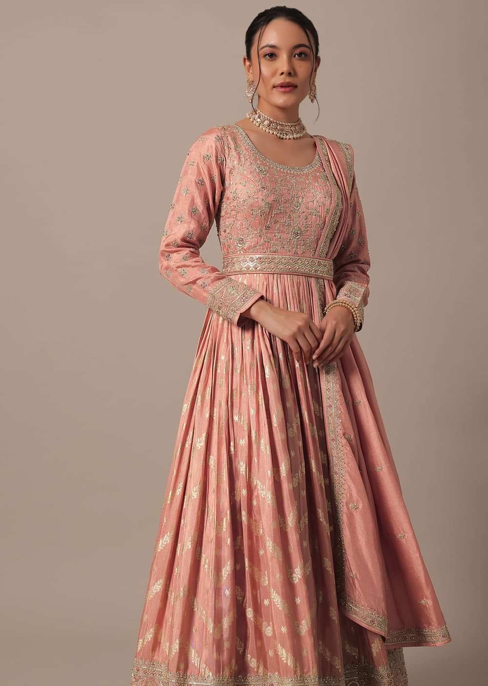 Peach Silk Sequin Embellished Anarkali Set With Belt