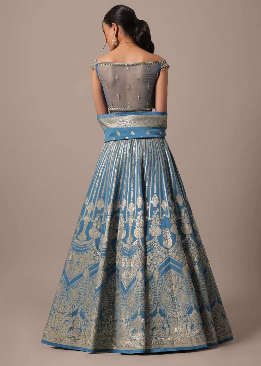Blue Banarasi Silk Lehenga Set With Hanging Tassels