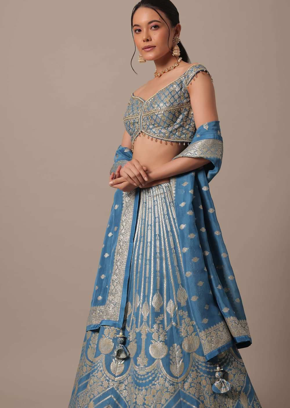 Blue Banarasi Silk Lehenga Set With Hanging Tassels