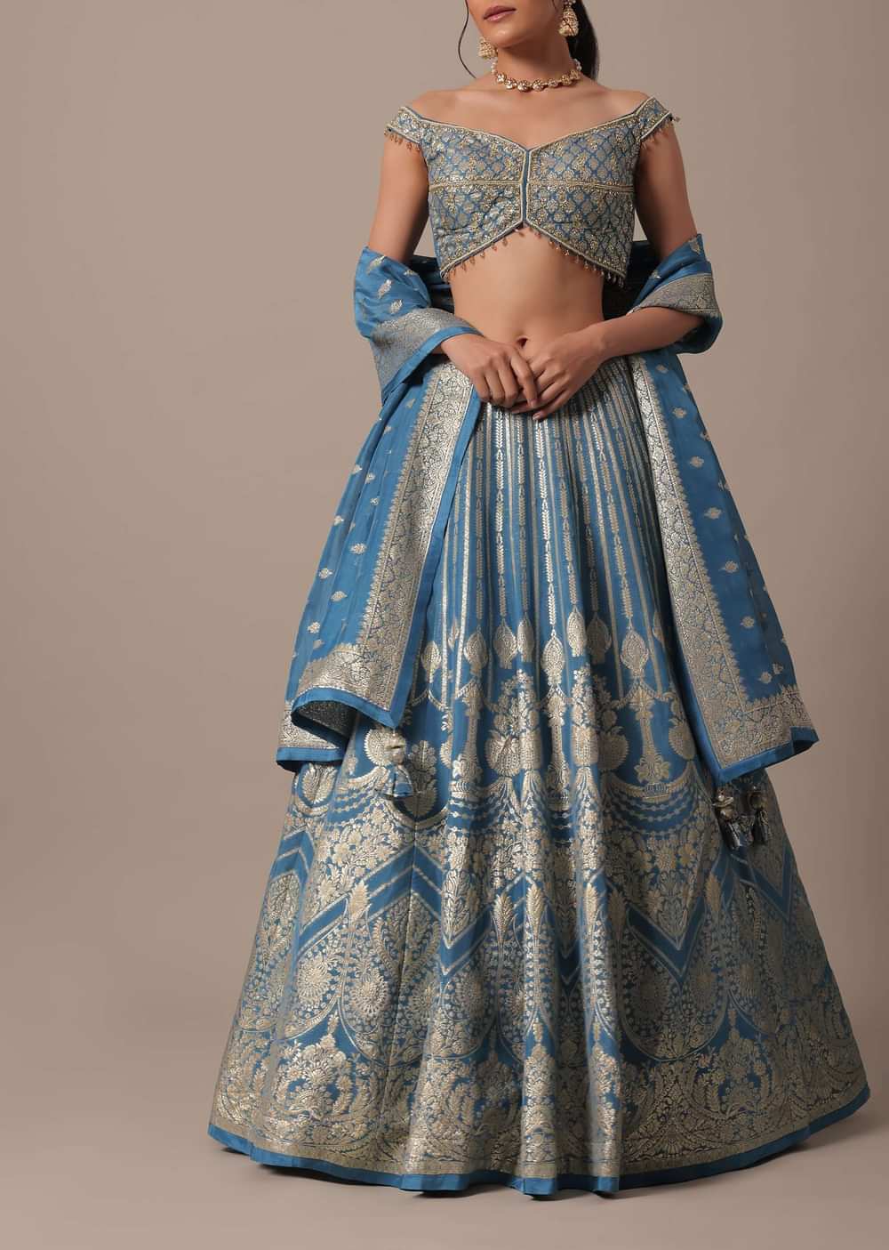 Blue Banarasi Silk Lehenga Set With Hanging Tassels