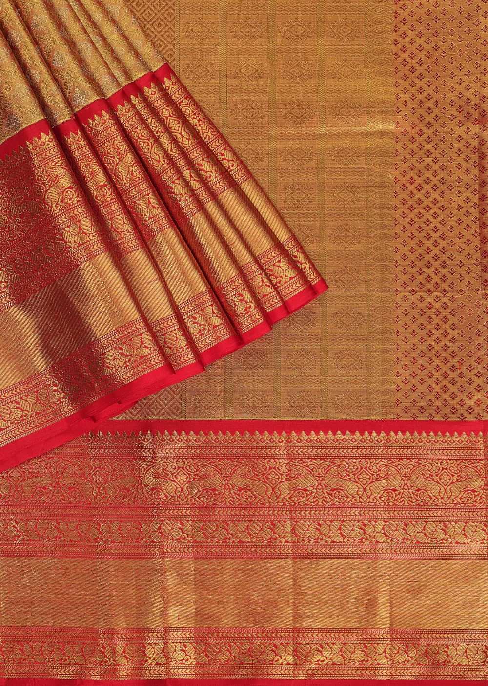 Fiery Red Gold-Toned Kanjivaram Saree In Tissue Silk With 14GM Real Zari Weave And Unstitched Blouse