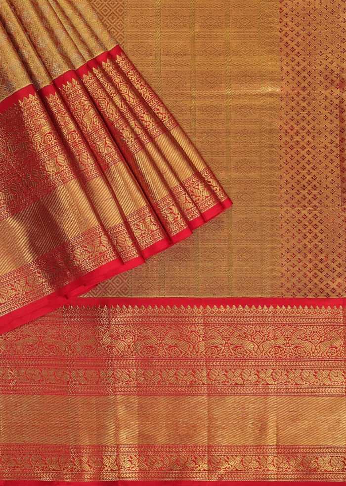 Fiery Red Gold-Toned Kanjivaram Saree In Tissue Silk With 14GM Real Zari Weave And Unstitched Blouse