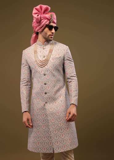 Angel Fall Blue Silk Sherwani Set In Sequins And Threadwork