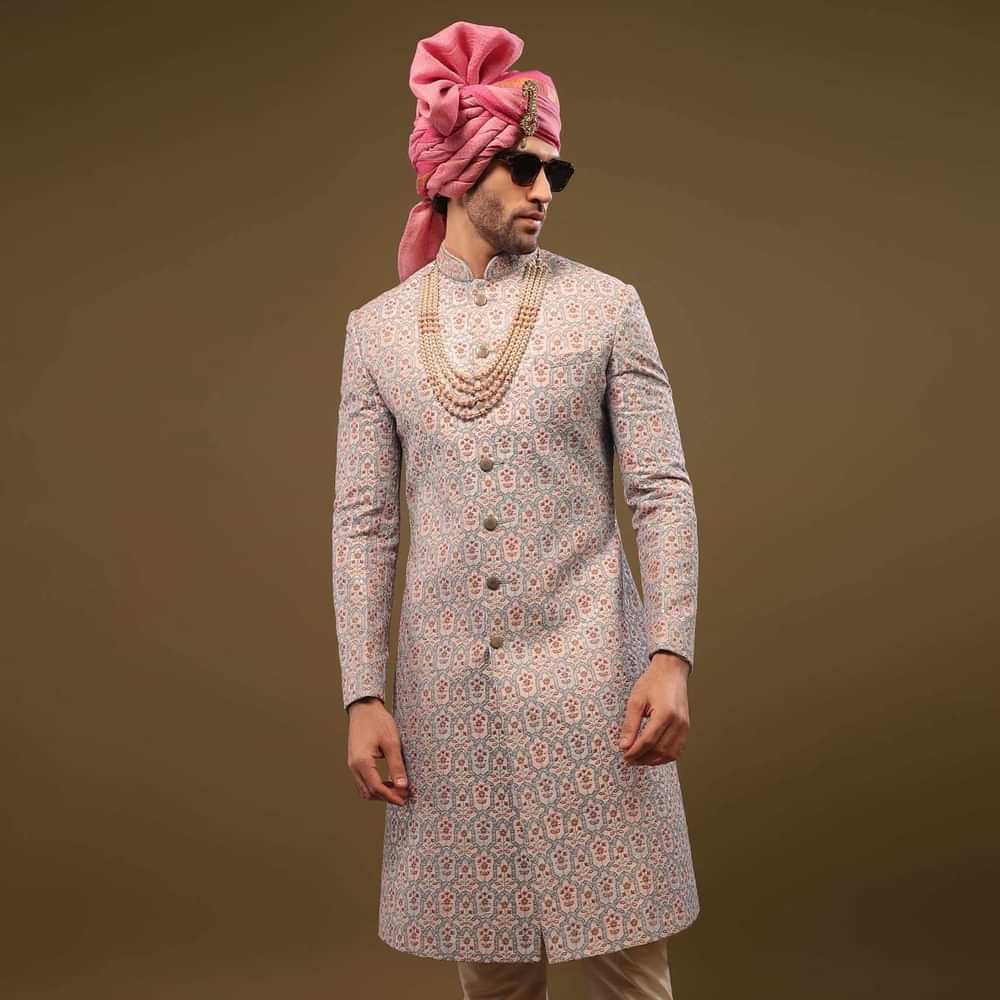 Angel Fall Blue Silk Sherwani Set In Sequins And Threadwork