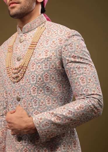 Angel Fall Blue Silk Sherwani Set In Sequins And Threadwork
