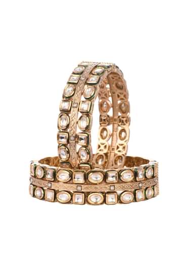 Antique Gold And Green Kundan Polki Handcrafted Bangles In Mixed Metal