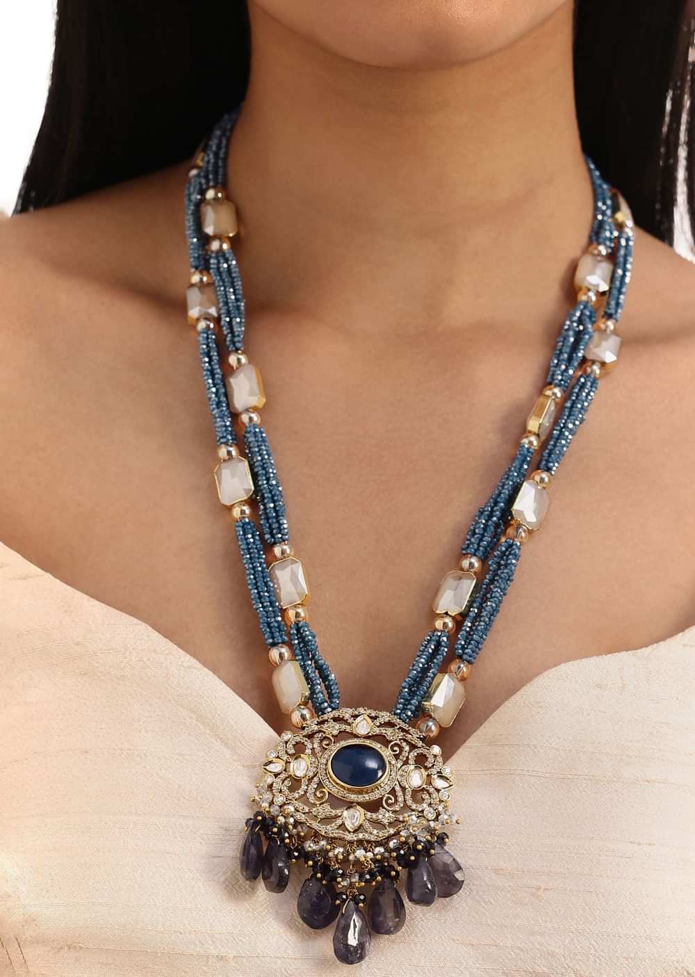 Antique Gold And Navy Blue Victorian Kundan Necklace Set