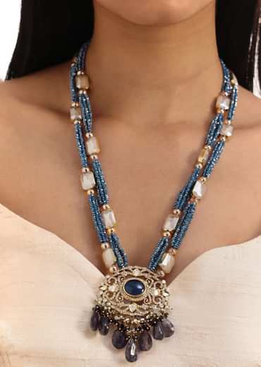 Antique Gold And Navy Blue Victorian Kundan Necklace Set