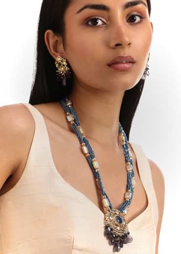 Antique Gold And Navy Blue Victorian Kundan Necklace Set