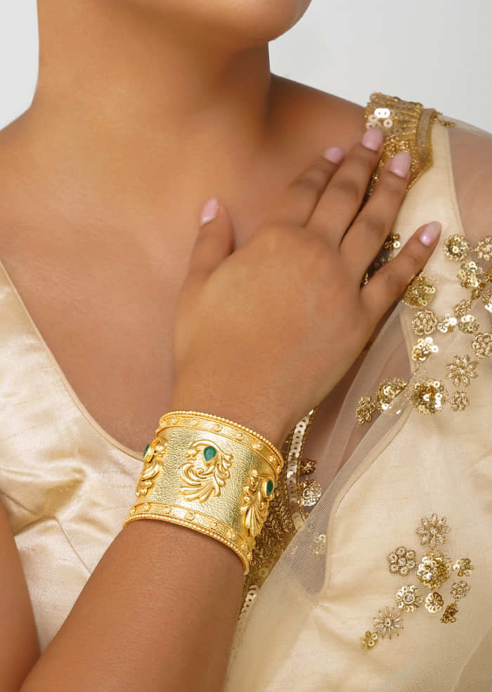 Antique Gold Cuff Bracelet With Peacock Motifs And Zircon Accents