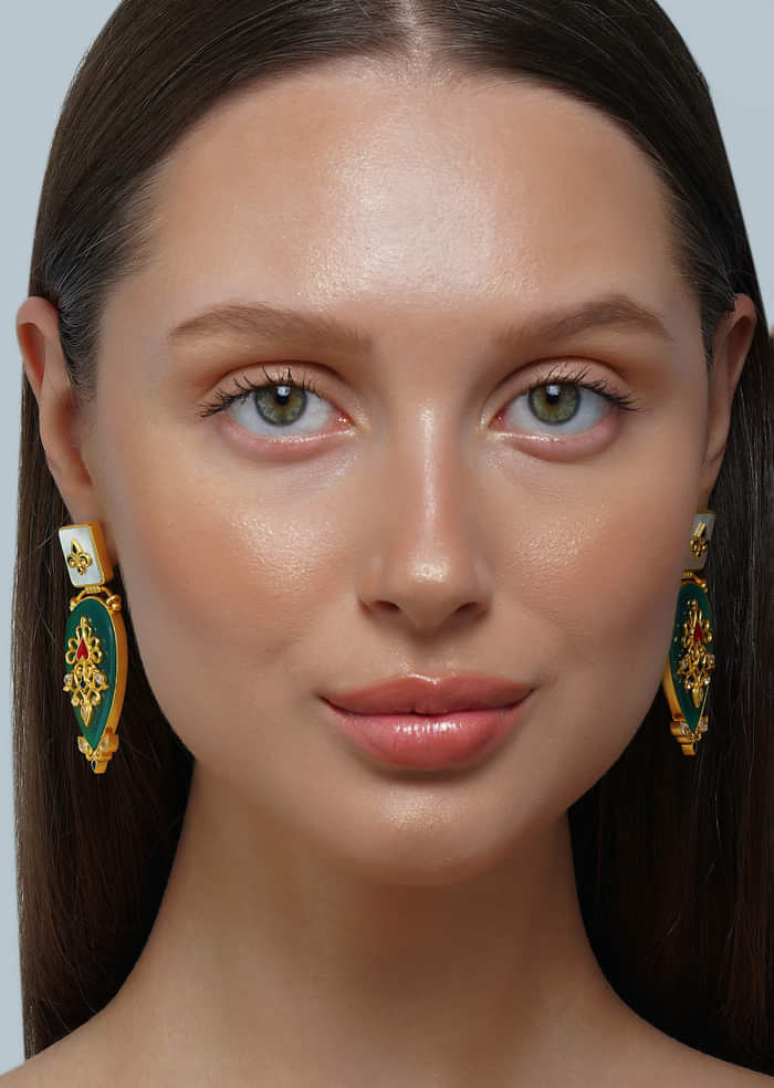 Antique Gold Green Onyx Statement Earrings