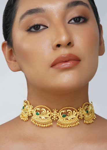Antique Gold Mix Metal Choker Necklace With Green Accents