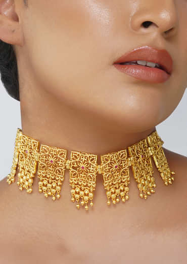 Antique Gold Mix Metal Zircon Choker Necklace