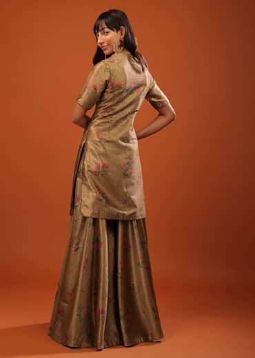 Golden Sharara Suit With Woven Floral Motifs